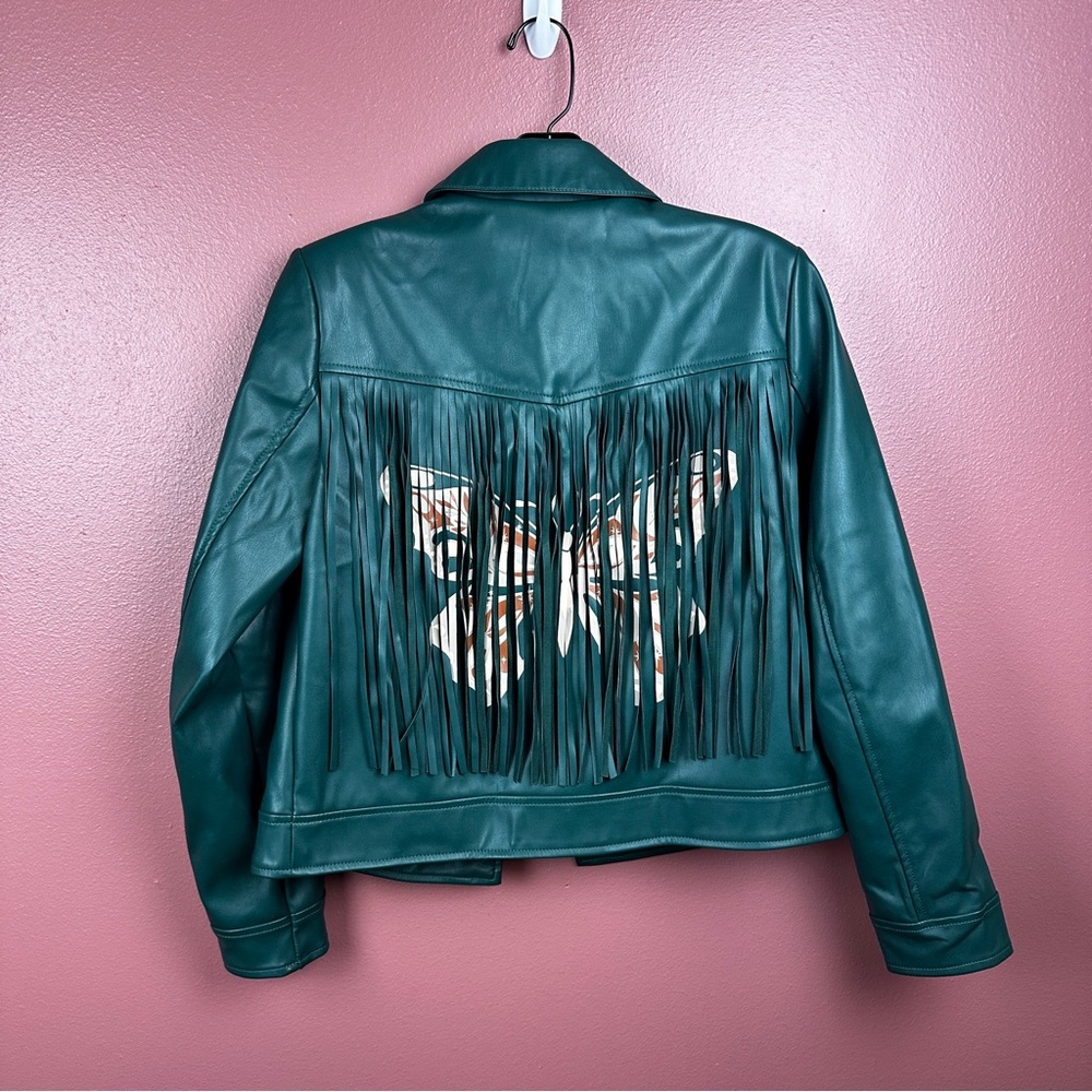 G by Giuliana Black Label Faux Leather Graphic Fringe Jacket Rainforest Green - Picture 10 of 10